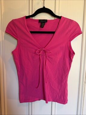 The Limited Bright Pink Tie-Front V-Neck, Capped Sleeves Crop Top